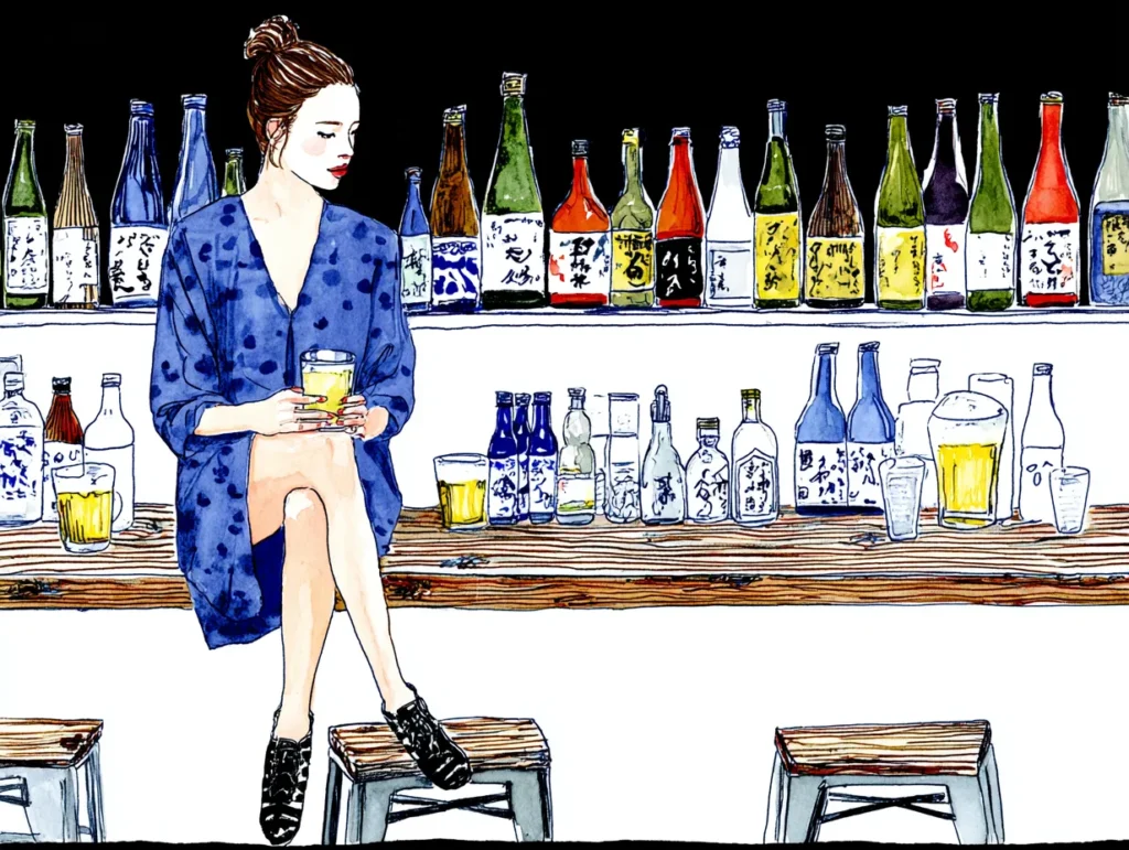 30代の恋愛に悩みバーで物思いにふける女性のイラスト