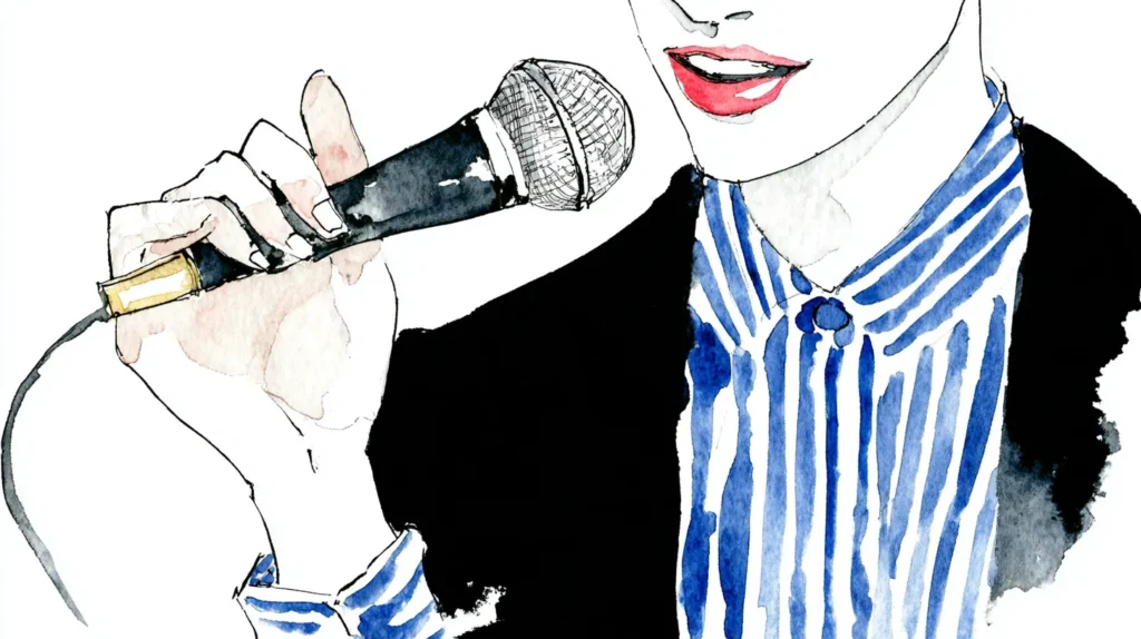 赤い口紅の女性がマイクを持つ手元の水彩イラスト