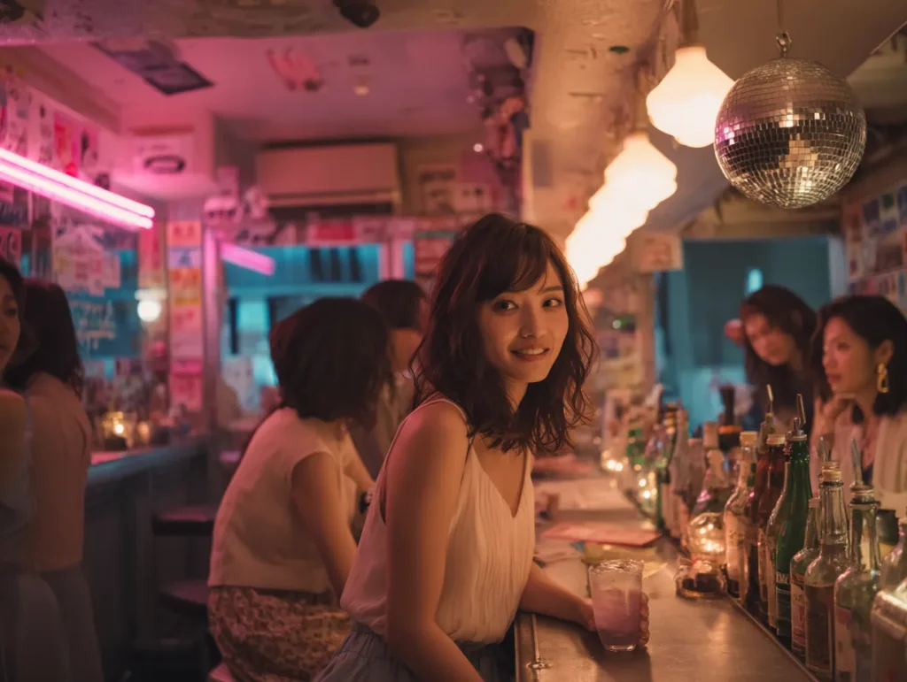 ネオスナックに飲みにきている女性客。