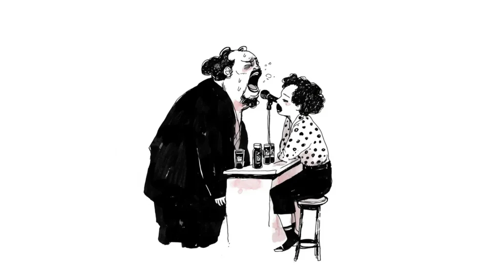 スナックの小さなテーブルで男女が向かい合いマイクを持って熱唱するカラオケシーンの手描きイラスト