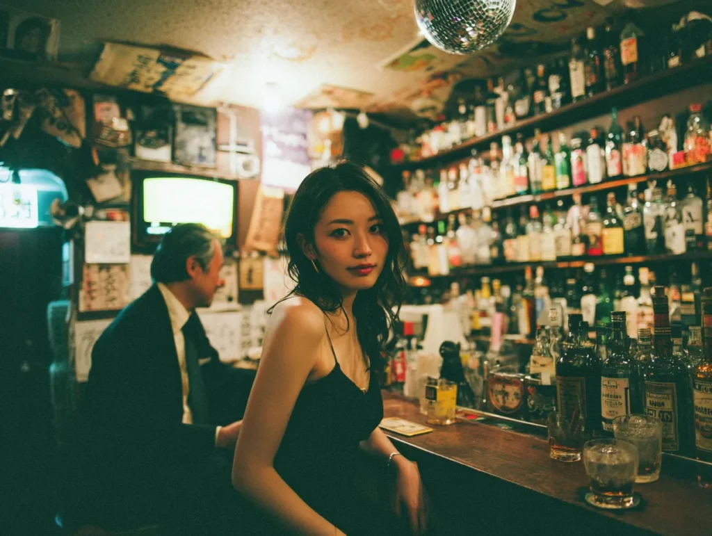 スナックに一人で来店した初心者がカウンターで会話する様子