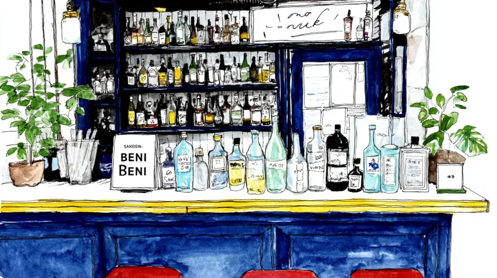 ボトルが並ぶスナック紅(べに)のカウンター全景と落ち着いた店内の雰囲気