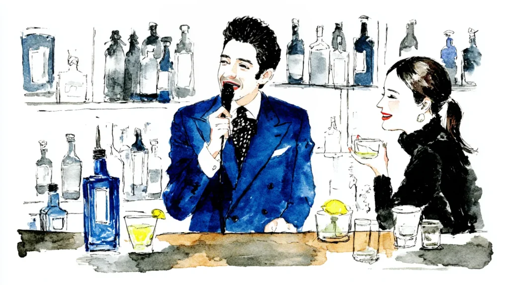 スナックのカウンターでカラオケを歌う男性と、笑顔で聞いている女性の水彩イラスト