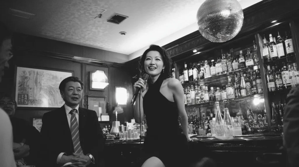 カラオケを楽しむスナックのママと店内の様子