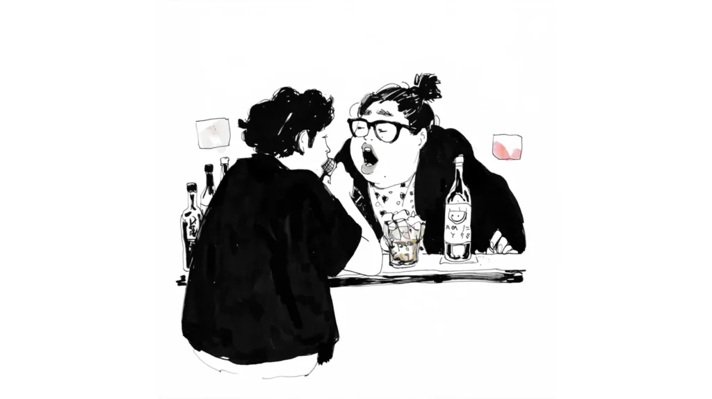 スナックで男女がマイクを持って大声でカラオケを歌っているモノクロ線画イラスト