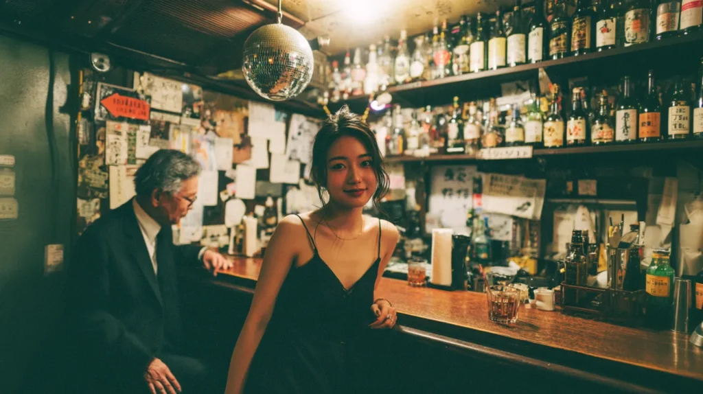 落ち着いた雰囲気のスナックでカウンターに立つママの姿