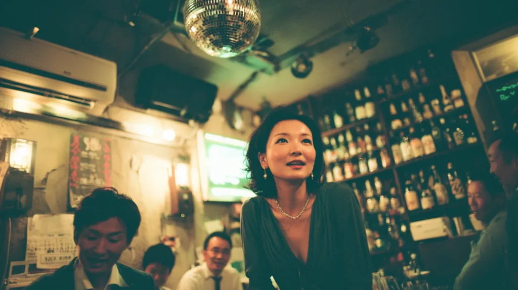 スナックのカウンターで笑顔を見せるママの姿