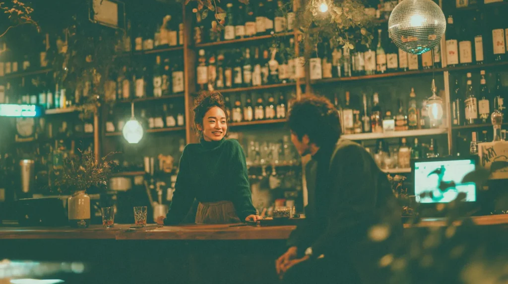 静かに会話を楽しむスナックの夜のカウンター風景