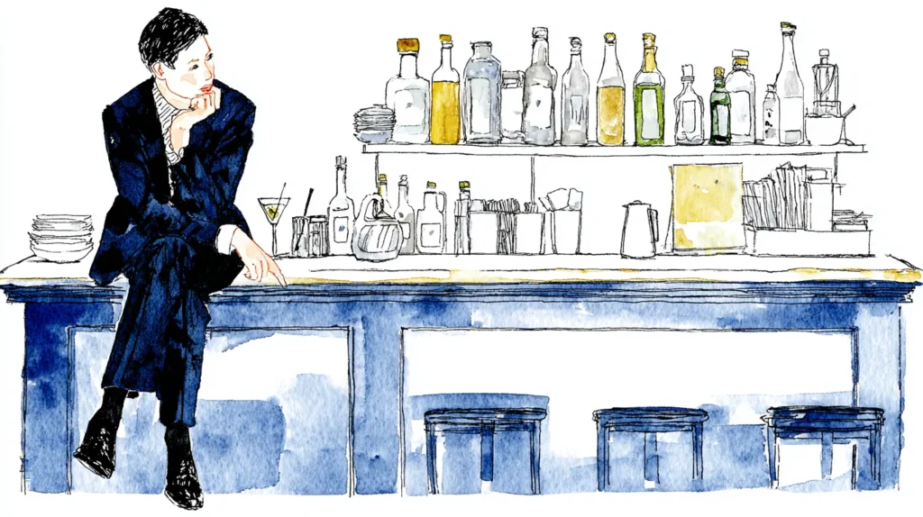 ひとりでスナック紅(べに)のカウンターに座る男性と静かな夜の空気