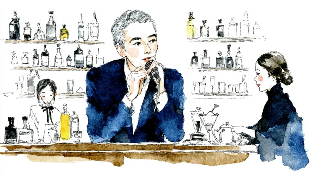 スナックのカウンターでマイクを持つ男性と女性スタッフが並ぶ水彩イラスト