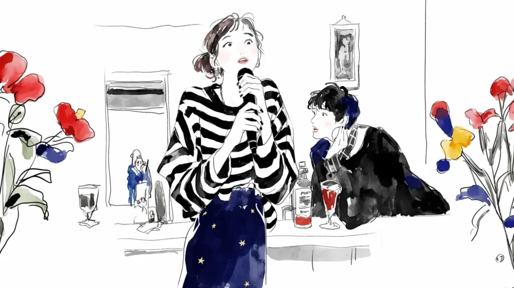 スナックで楽しそうにカラオケを歌う女性客と見守るママのイラスト