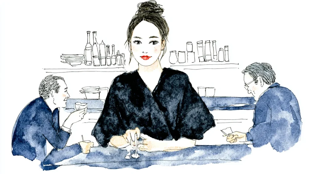 スナックのカウンター中央で店を切り盛りするママと静かに飲む常連客のイラスト