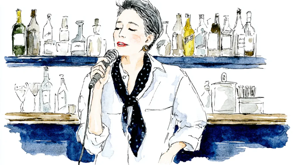 スナックのカウンターでショートヘアの女性がマイクを持ち歌う水彩イラスト