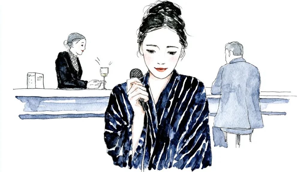 スナックでマイクを持ちしっとりと歌う女性のイラスト