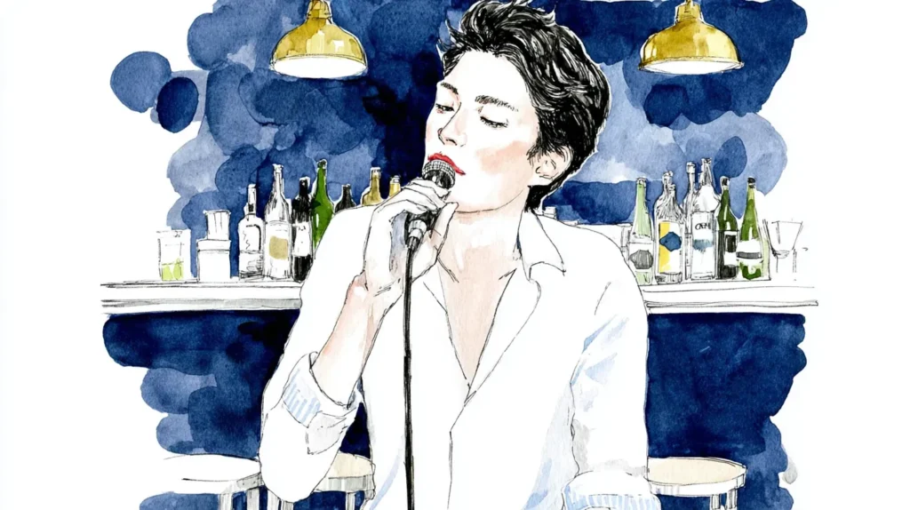 夜のスナックで女性がマイクを手にしっとり歌う水彩イラスト