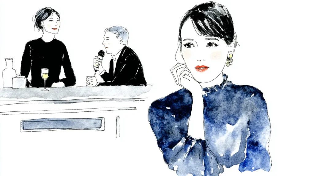 スナックで静かにカラオケを歌う女性と穏やかに見守る客のイラスト