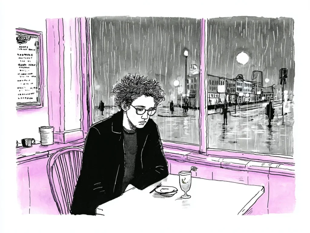 雨の夜に一人飲みをしながら孤独を感じる男性