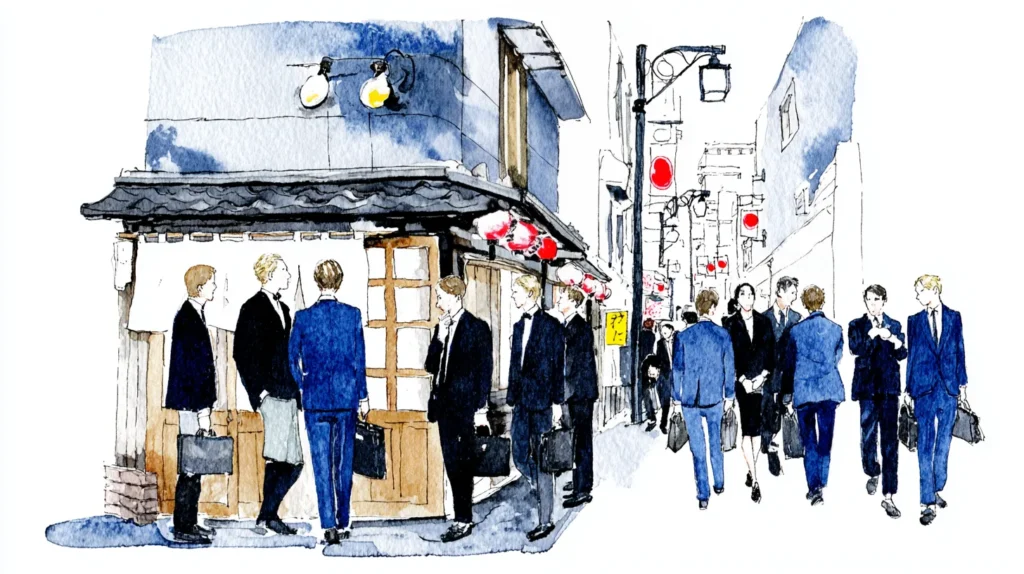 1964年頃の東京、スナックの前に並ぶサラリーマンたちの行列。