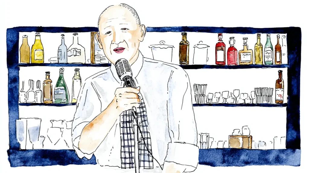 スナックでカラオケを歌うハゲた常連客の男性