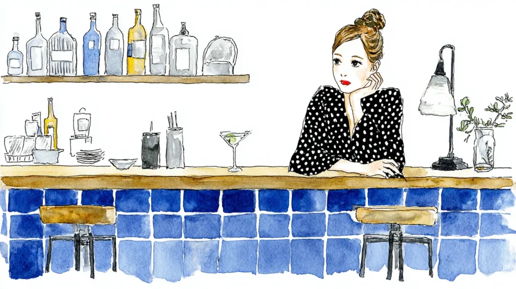 バーのカウンターでカクテルを前に座る女性のイラスト
