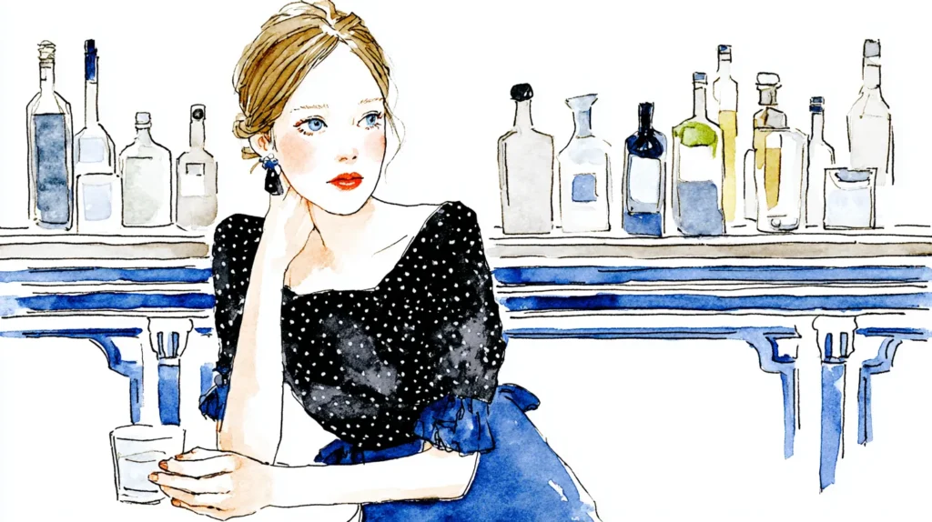 夜のバーでひとりグラスを持つキャバクラ風の女性の水彩イラスト