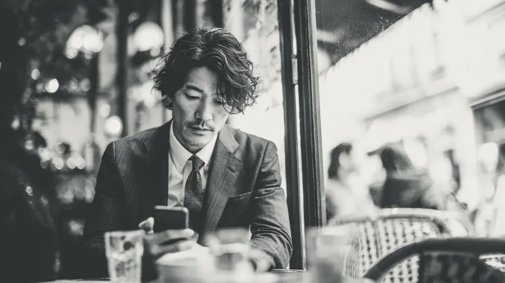 カフェでスマートフォンを見る男性のモノクロ写真（アプリとの対比イメージ）
