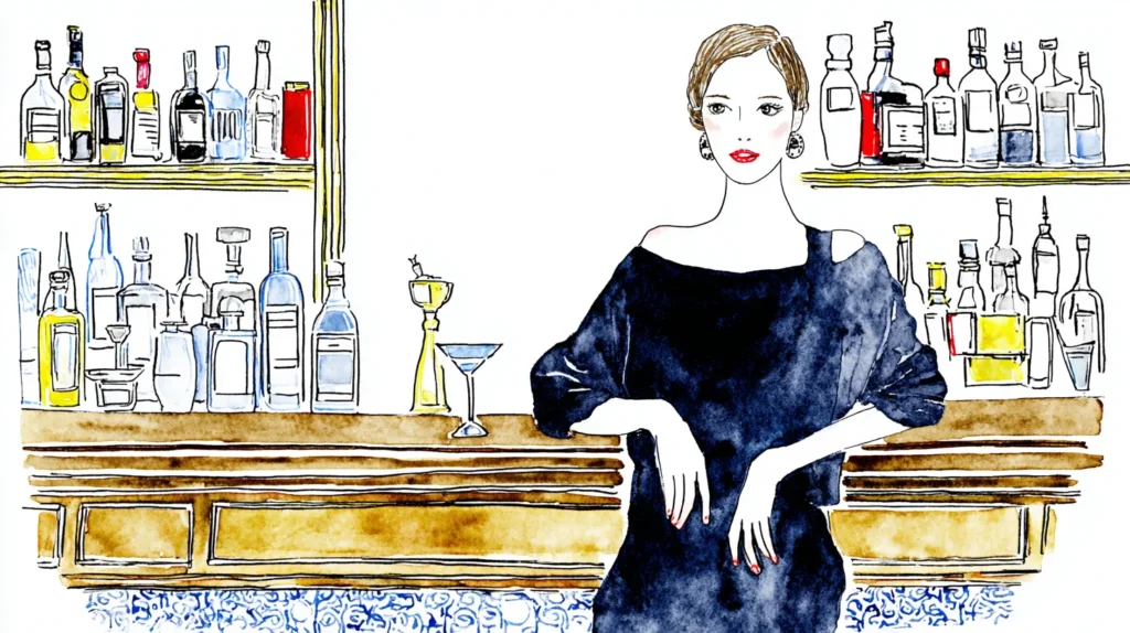 夜のバーのカウンターに立つドレス姿の女性