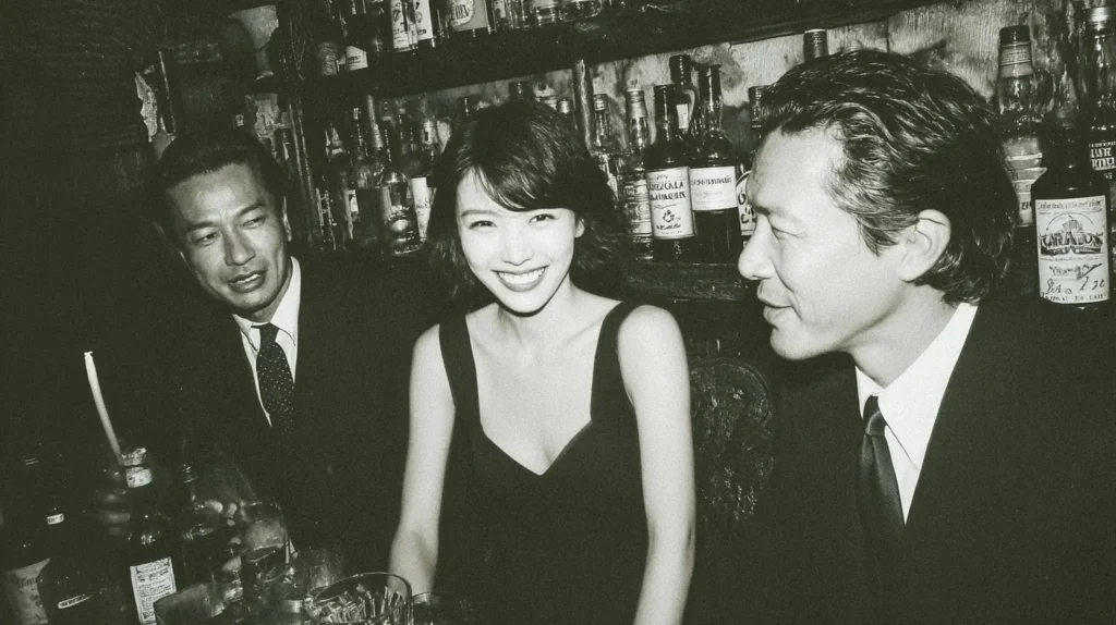 スナックで男性客と会話する女性客の様子