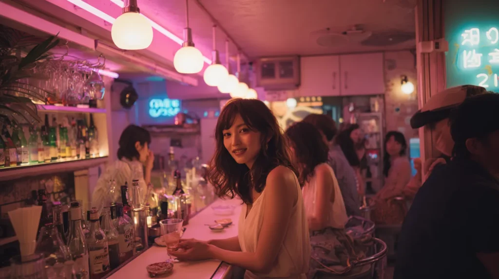 賑やかなガールズバーの店内とカウンターで接客する女性スタッフの様子