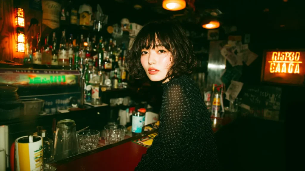 ガールズバーのカウンターで目線を合わせる若い女性スタッフの雰囲気