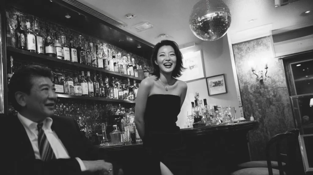 ミラーボールのある居酒屋で笑い合う女性スタッフと男性客の夜の雰囲気