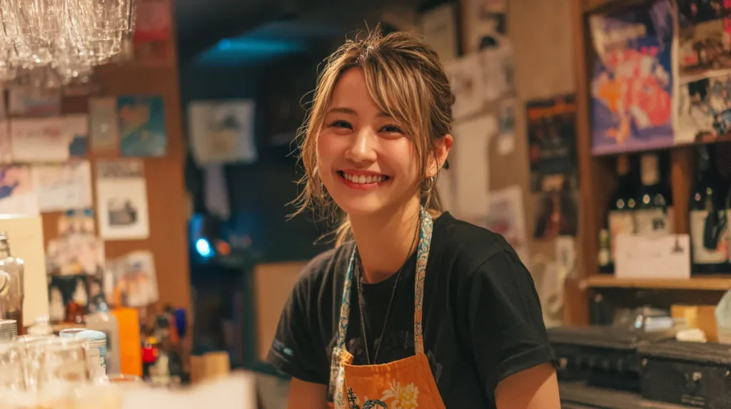 居酒屋カウンターで笑顔を見せるエプロン姿の女性スタッフ