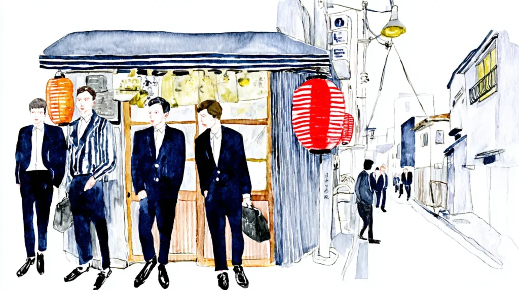 赤ちょうちんの居酒屋前でスーツ姿の男性が立つ日本の飲み屋横丁