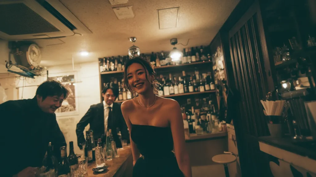 スナック店内で男性客と談笑する女性と、酒瓶が並ぶカウンターの夜の風景