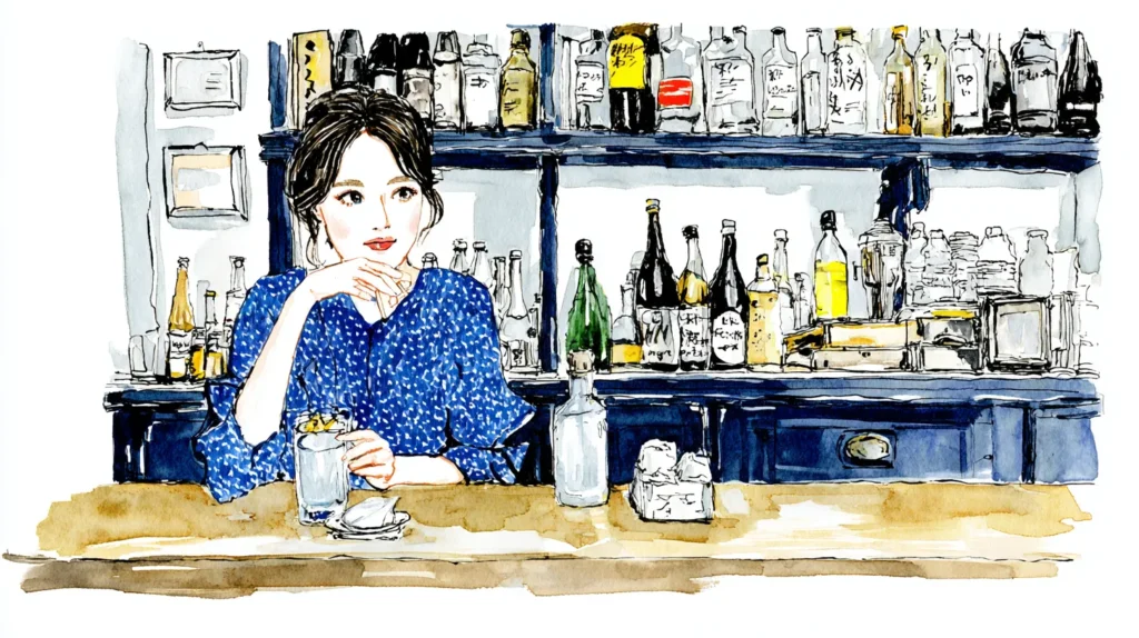 水割りと小皿のスナックを前に、静かに考え込むスナックの女性客。