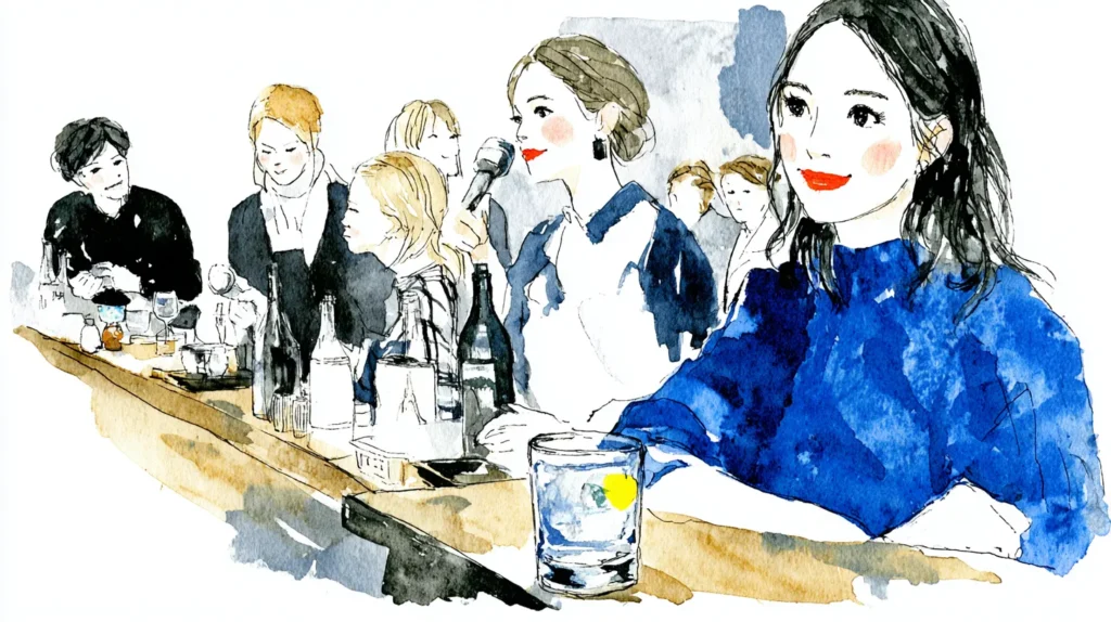 ネオスナックのカウンターで会話を楽しむ女性たちの水彩イラスト