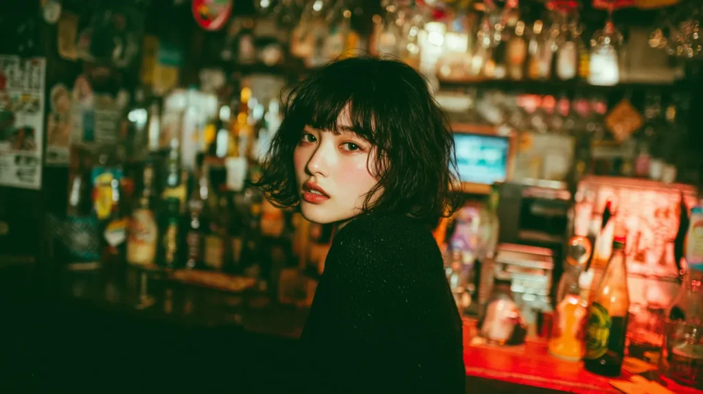 ネオスナックのカウンターで振り向く女性。現代的で落ち着いた夜の雰囲気