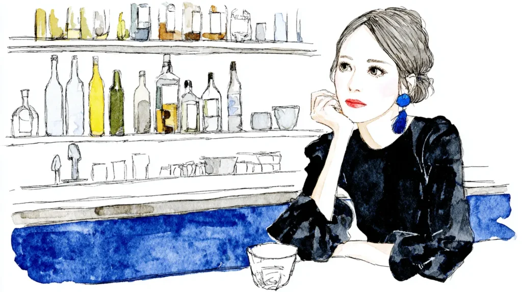 ボトルが並ぶカウンターで物思いにふける女性の水彩イラスト