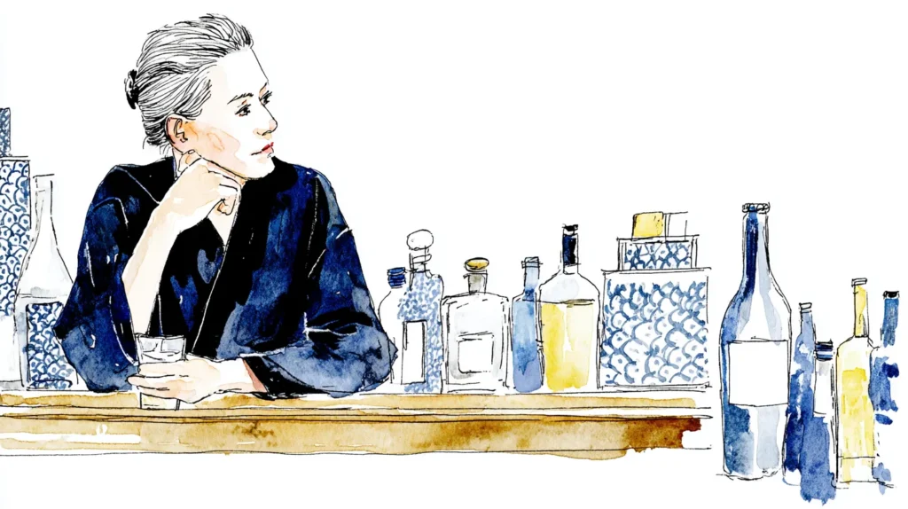 昭和時代のスナック店内。ボトルを背景に横顔で佇む女性。