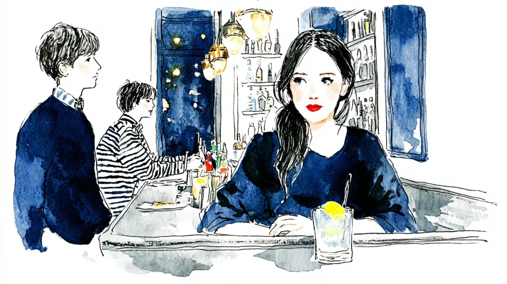 スナックのカウンターで一人お酒を飲む女性のイラスト