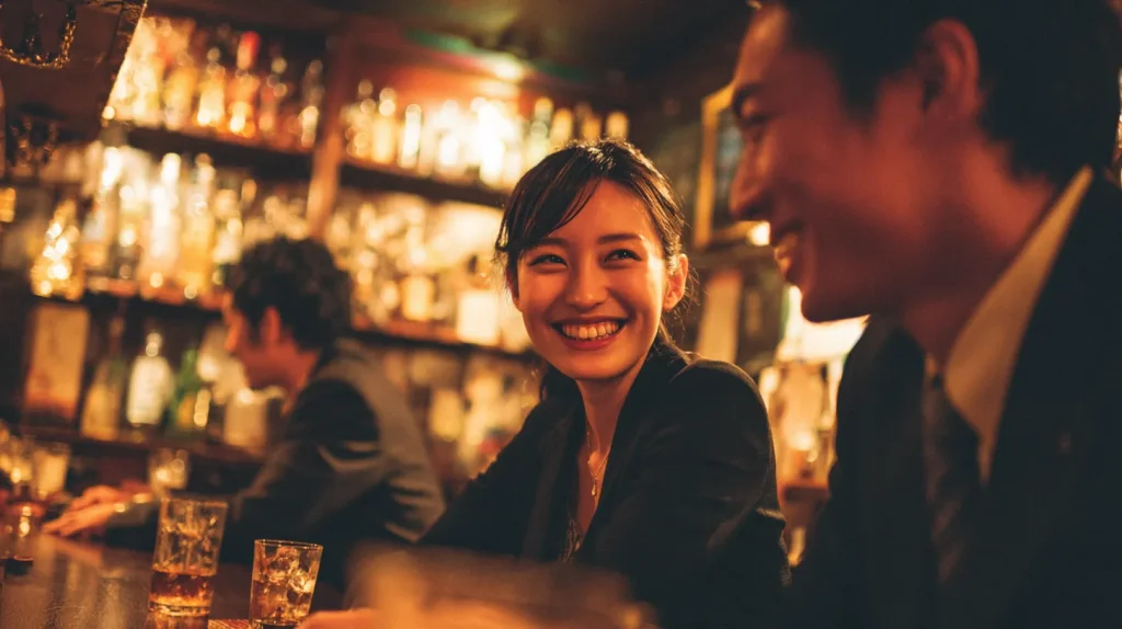 スナックのカウンターで会話を楽しむ男女。スナックがやめられない理由をイメージした写真