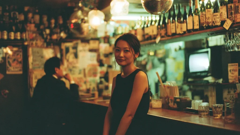 落ち着いた雰囲気のスナック店内で働く女性スタッフ