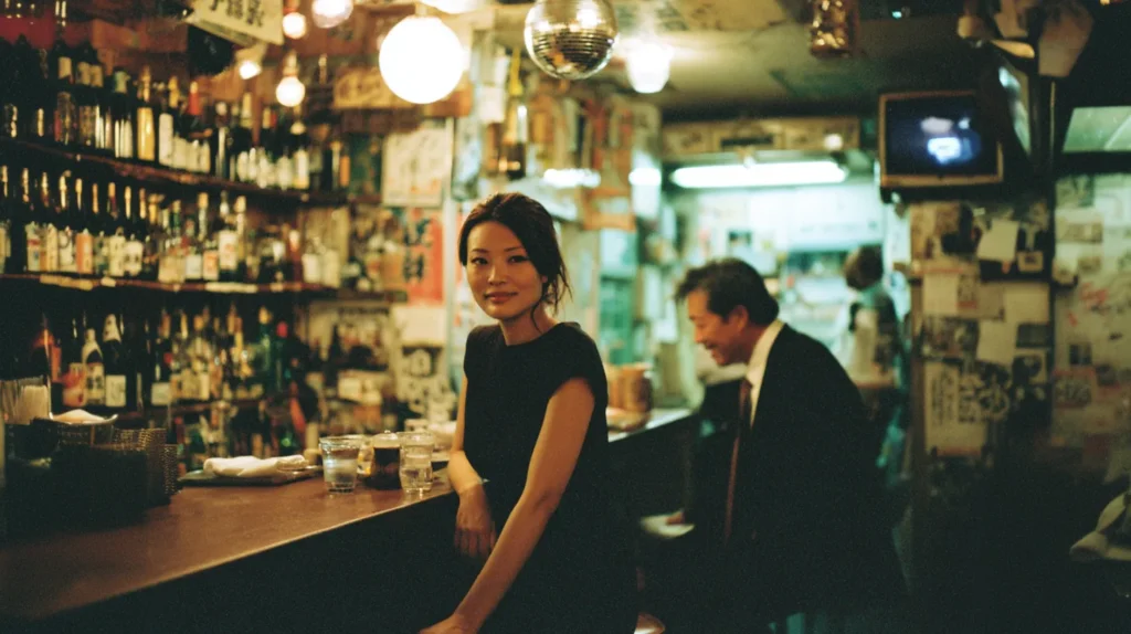 スナックのカウンターで女性と男性客が会話する風景