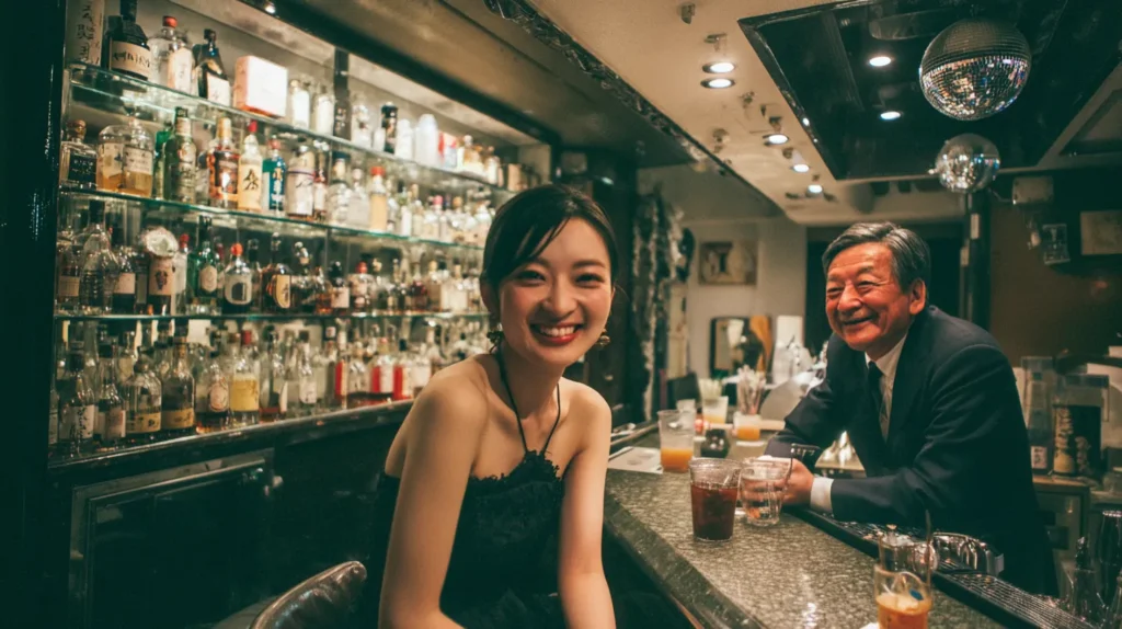 ボトルが並ぶカウンターで客と談笑する女性スタッフのいるスナックの雰囲気