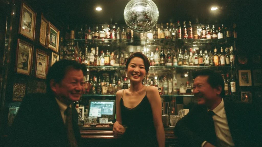 スナックで常連客と会話を楽しむ女性スタッフ