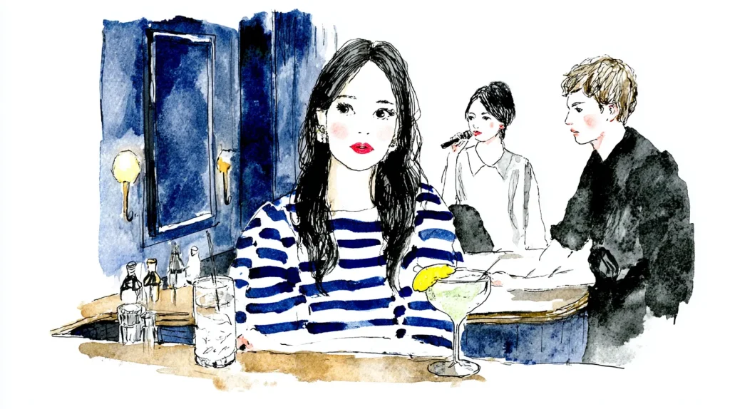 スナックのカウンター席で女性客が座り、後ろでカラオケが歌われている様子の水彩イラスト
