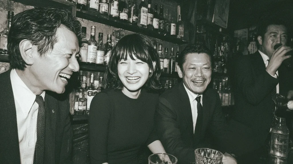 スナックのカウンターで世代を超えて会話を楽しむ客