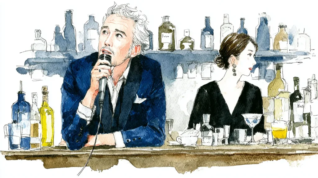 スナックで中年男性がマイクを握り大声でカラオケを歌っている水彩イラスト