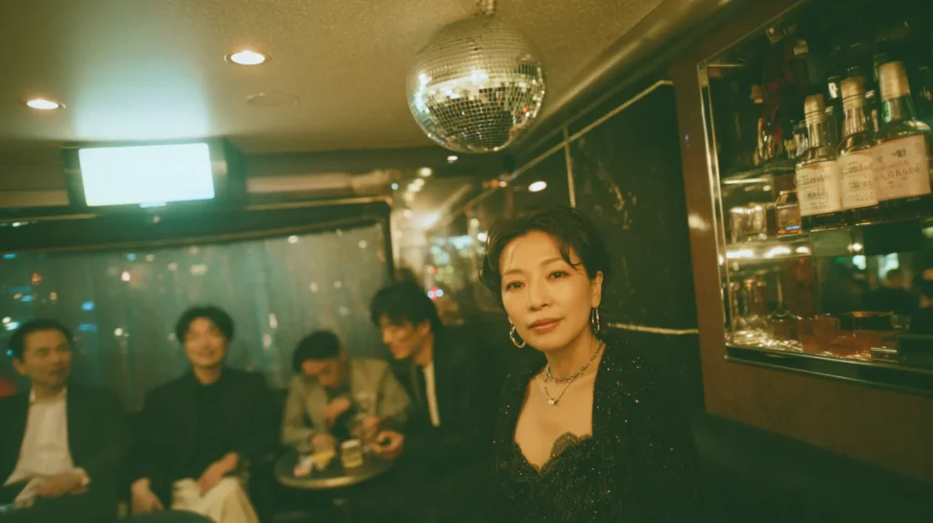 落ち着いた雰囲気のスナックで客を見守るママと夜の店内