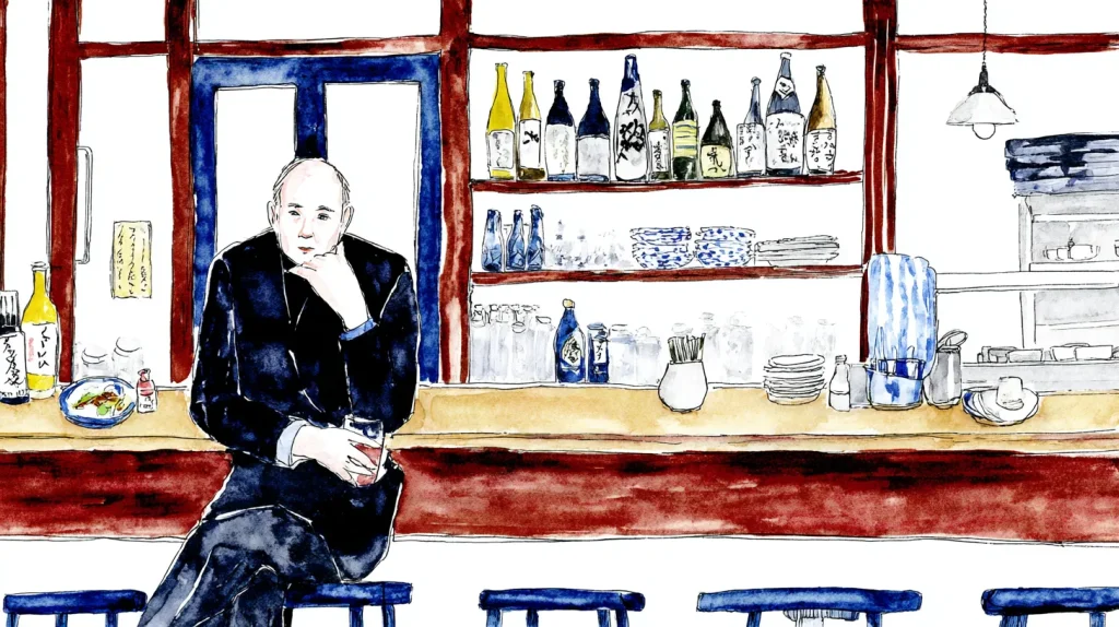 スナックのカウンターで一人でウイスキーを飲む男性の水彩イラスト